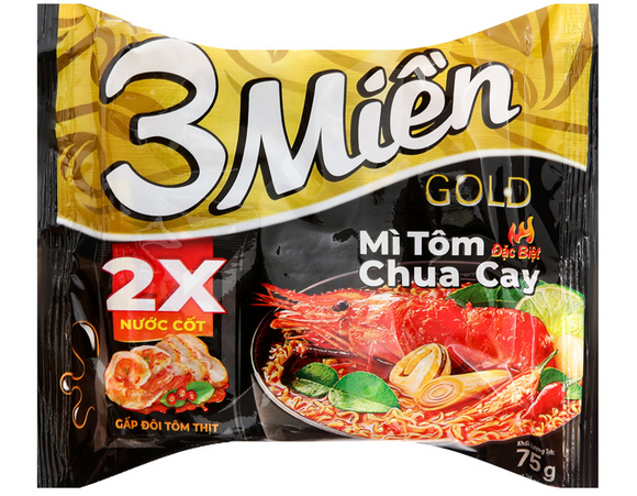 3ミエン ゴールド 酸っぱ辛エビ味インスタント麺 75 グラム / Mì 3 Miền Gold tôm chua cay đặc biệt gói 75g
