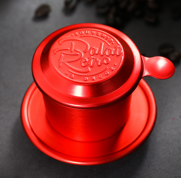Dalat Brand Coffee Filter Coffee Dripper Red / Phin cà phê, bộ, mẫu nhôm anode bắn cát, màu retro red, Dalat Retro